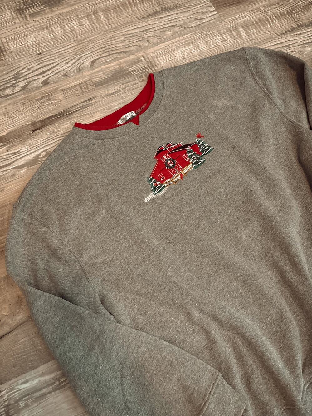 vintage christmas red barn embroidered pullover sweatshirt
